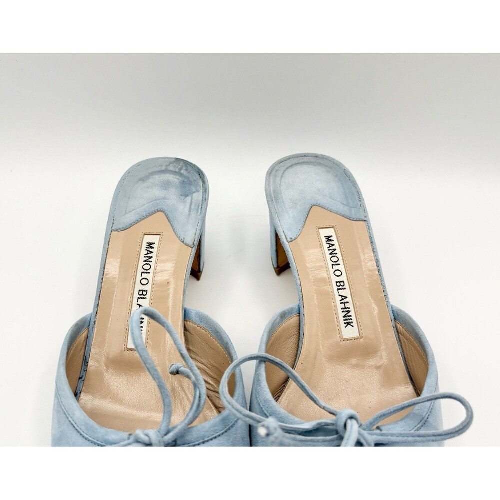 Manolo Blahnik Baby Blue Suede Mules Kitten Heels Bow Accent Size EU 37.5 - Picture 7 of 12